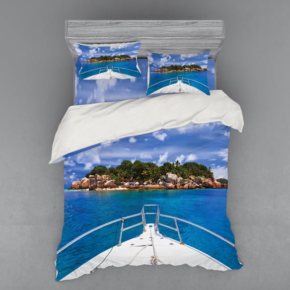 Ambesonne Blue Bedding Set 4 Pcs, Boat Exotic Journey Tropic, Queen, Blue Green Ivory