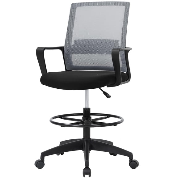 PayLessHere Tall Drafting Chair - Adjustable Mesh Office Chair w/ Foot Ring & Lumbar Support, Grey