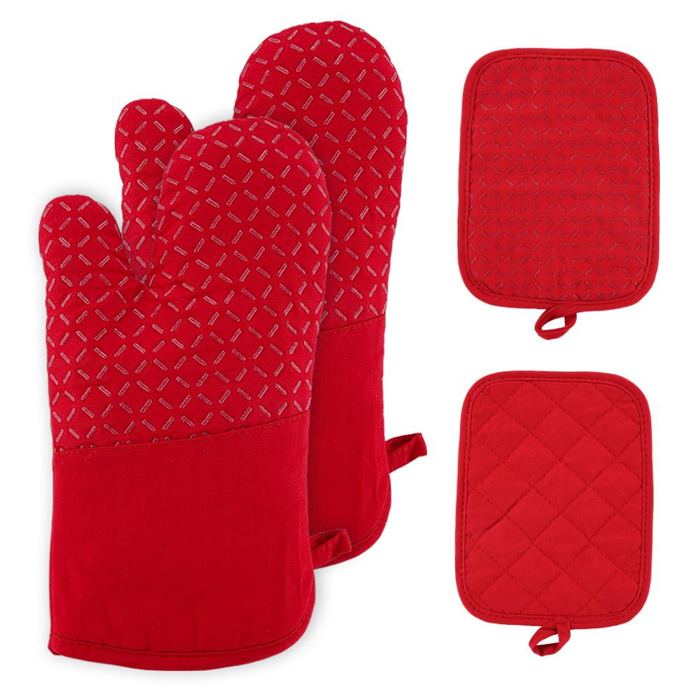 Oven Gloves with Silicone Printed, Pot Holders Mitts 2 Hot Pads and 2