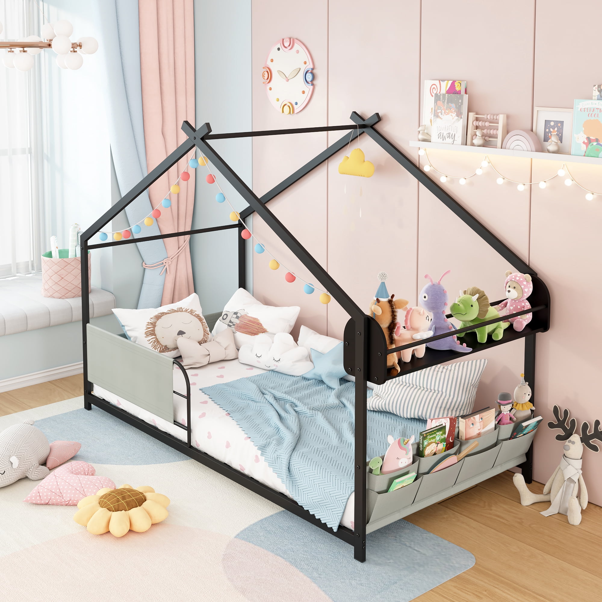 Yoneston Twin Size House Floor Bed with Storage Caddy and Shelf for Kids, Sturdy Metal Bed Frame with Guardrail for Toddlers, Boys and Girls - Black