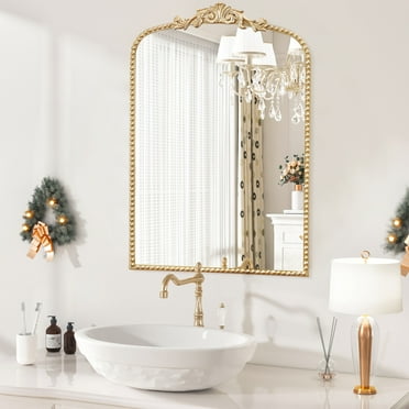 TBKLEY Arched Wall Mirror for Bathroom, 20"x30" Metal Beaded Frame Decorative Accent Mirror, Baroque Inspired Wall Decor, Gold