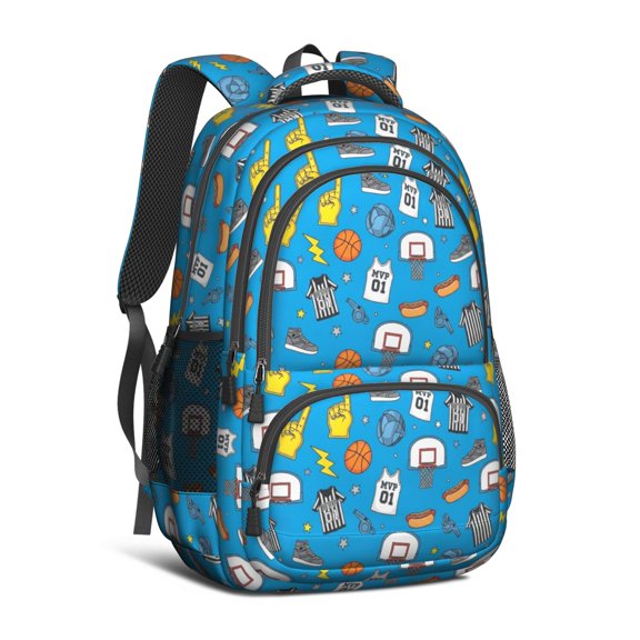 Basketball and Hotdog Blue Pattern Cute School Backpack Bag with Padded Back and Adjustable Shoulder Straps 16.9 X 12.6 X 5.9 Inches