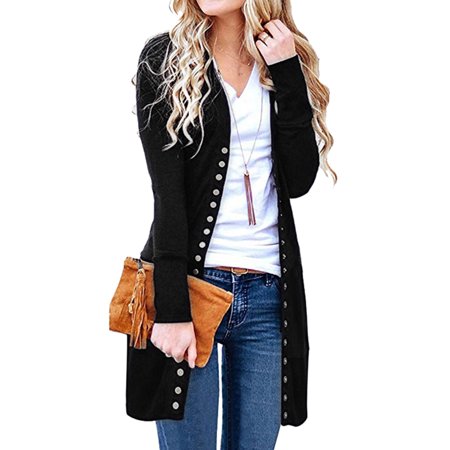 - Starvnc Women Button Down Long Sleeves Solid Color Slim Fit Mid-length Cardigan