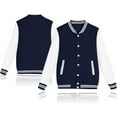 thumbnail image 2 of Povozer Women's Men's Varsity Baseball Jacket Casual Letterman Bomber Jacket Windbreaker Lightweight Jacket Coat(Navy,XL), 2 of 6