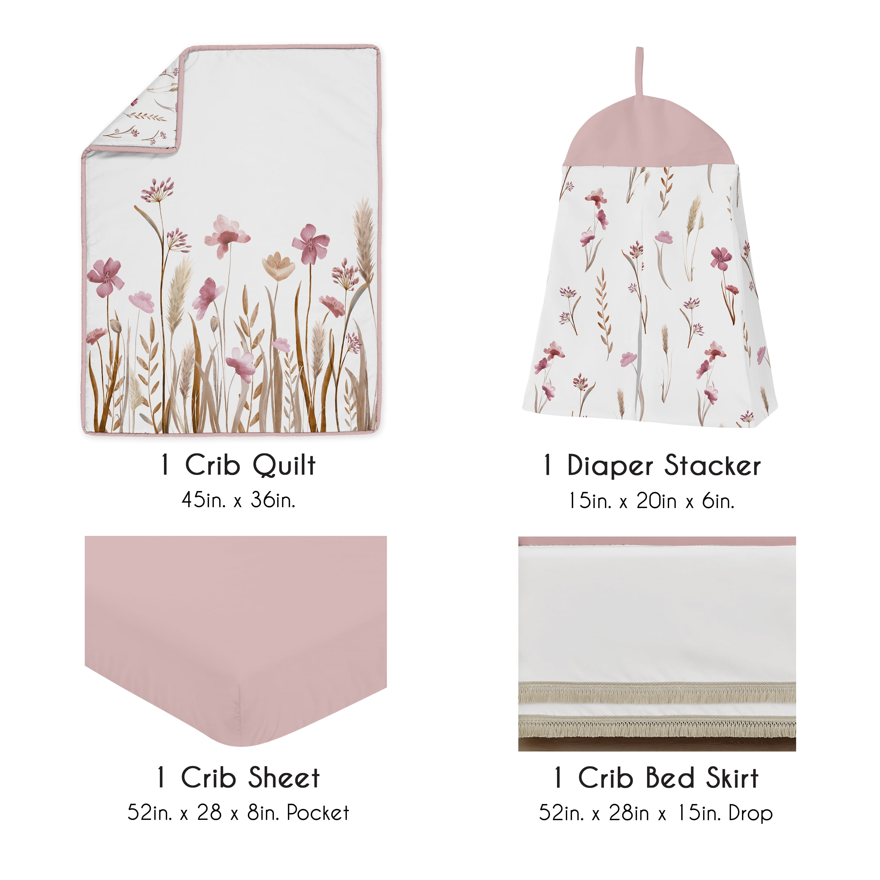 Sweet Jojo Designs Watercolor Floral Garden Pink Girl Crib Bedding Set 4 Piece