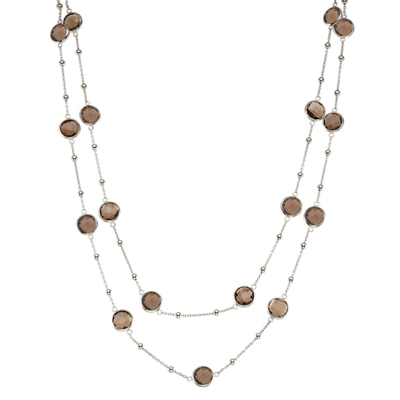 5th & Main Sterling Silver Bezel Necklace with Small Silver Stations and Smoky Quartz Round Gemstones