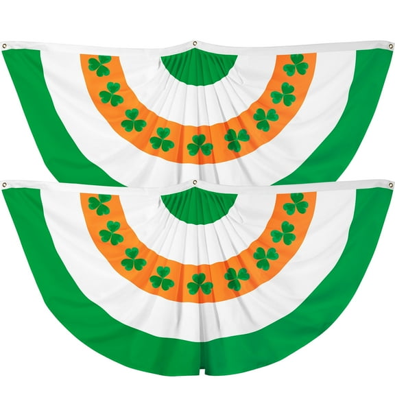 G128- (2pk) 1.5x3 ft St. Patrick's Day Ireland Irish Shamrock Flag Pleated Fan Flag Printed Bunting