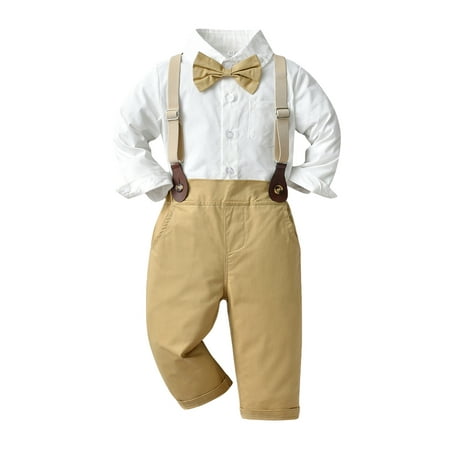 

Toddler Little Boys Summer Outfits Long Sleeve Solid T Shirt Tops Suspenders Pants Cute Clothes Size 120 Khaki