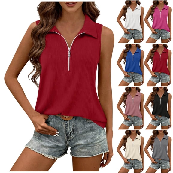 Omexry Cute Tops Women Solid Color Lapel No Sleeves Summer Loose Hanger Camisole Tank