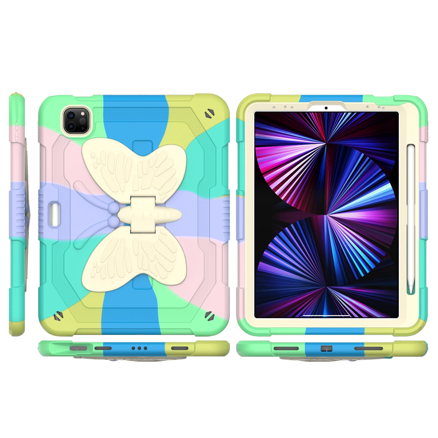 Case For Apple iPad Air 4 / iPad Air 5 / iPad Pro (11 inch) Butterfly Wings Kickstand 3in1 Tough Hybrid with Pencil Holder Heavy Duty Rugged Shockproof Full Protective Tablet Cover [ Rainbow ]
