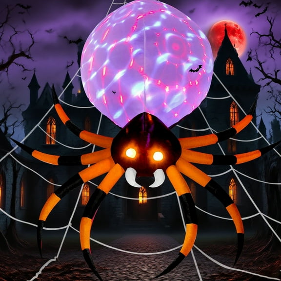 Joyfy 8 FT Halloween Inflatables Spider with Rotating Colorful Light,Light Up Spider with Orange Eyes Halloween Blow up Yard Decorations,Outdoor Halloween Decor