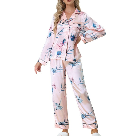 INSPIRE CHIC Women's Satin Pajama Sets Floral Button Down Shirt and Pants Silky Sleepwear 2 Pcs PJ Set M Pink