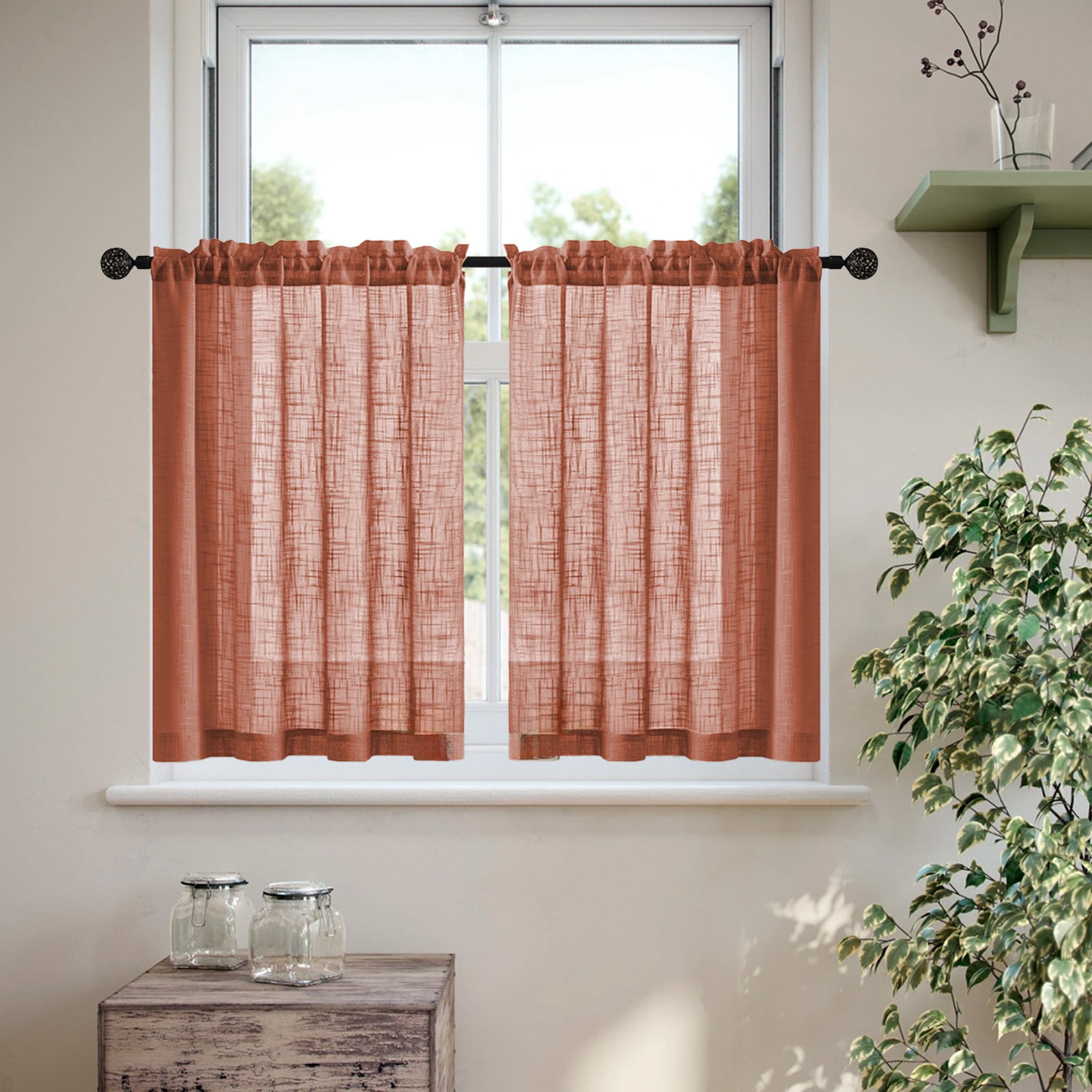 Swiftyle 6 Pcs Linen Bathroom Curtain Vintage Style Semi-Transparent Privacy Window Treatment for Kitchen Decor
