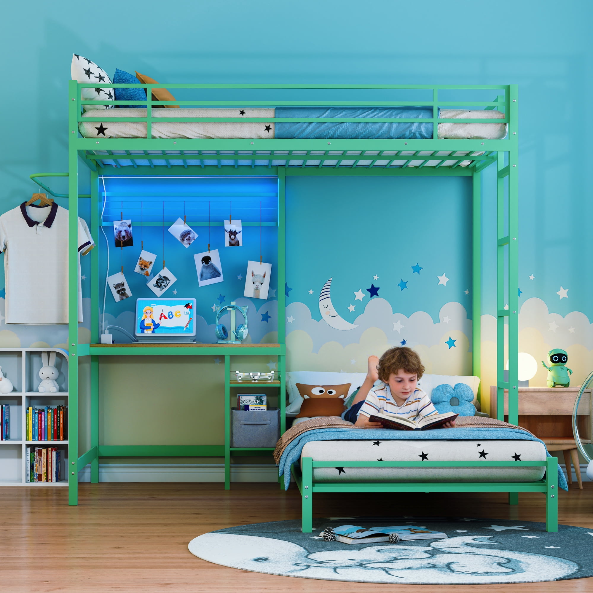 Aukfa Twin over Twin Bunk Bed with Desk, LED Light & Storage Shelves, L-Shaped Metal Bunk Bed for Teens & Kids, Green