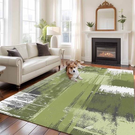 Abstract Art Area Rugs 5x7 ft Sage Green Mottled Color Block Oil Painting Washable Rug Non Slip Indoor Carpet Absorbent Floor Mat for Living Room Bedroom Dining Room