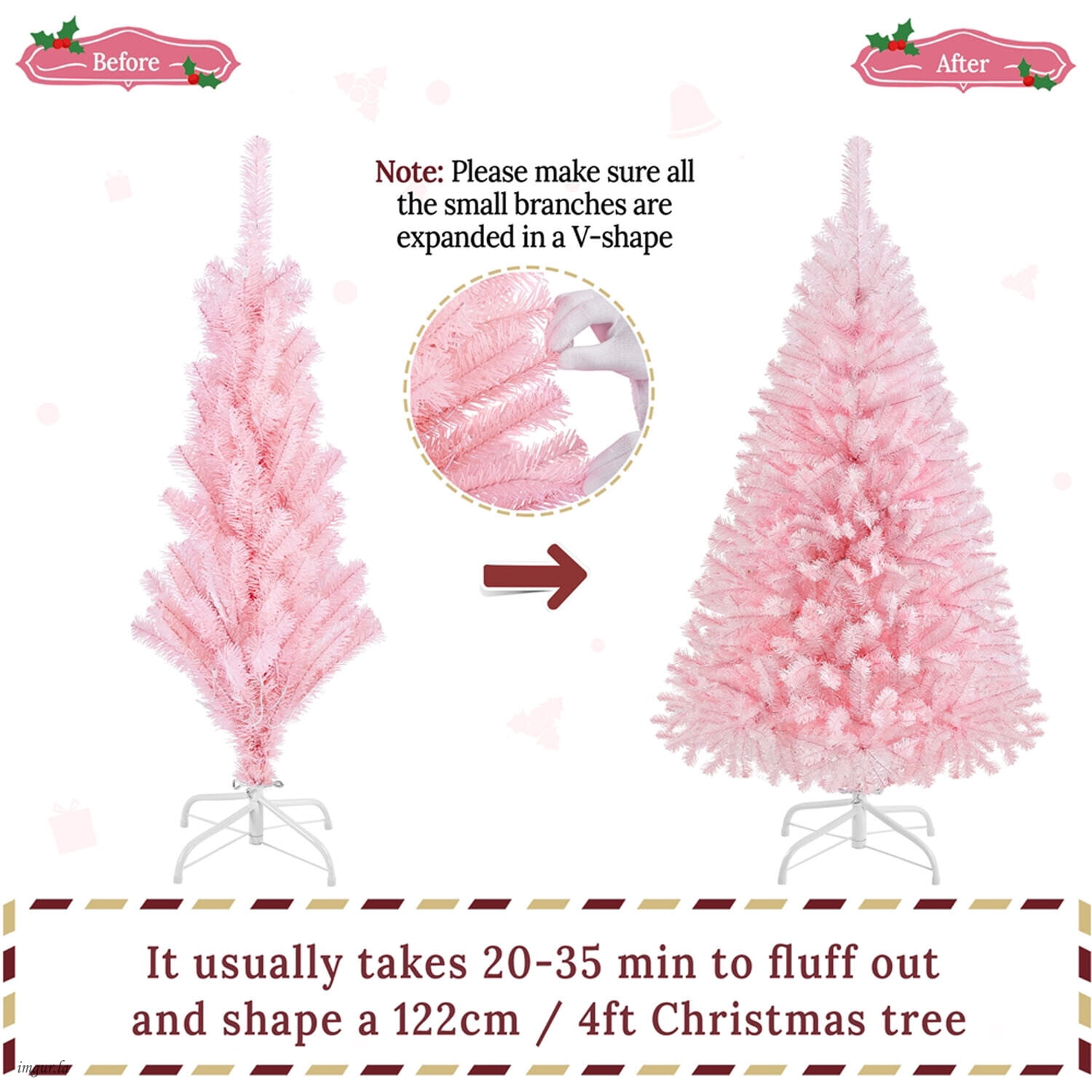 Alden Design 4FT Artificial Pre-lit Christmas Fir Tree with Foldable Stand and 70 LED Warm Lights,Pink