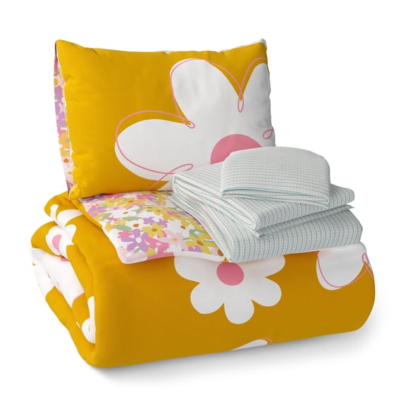 Mainstays Kids Daisy Reversible Comforter Set with Sheets, Twin, 5 Pieces