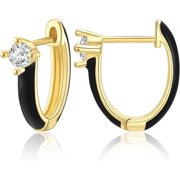 Gold Huggie Enamel Earrings for Women, 14K Gold Plated Cute Colorful Small Hoop CZ Lightweight Hypoallergenic Cuff Earrings Fashion Jewelry Gifts