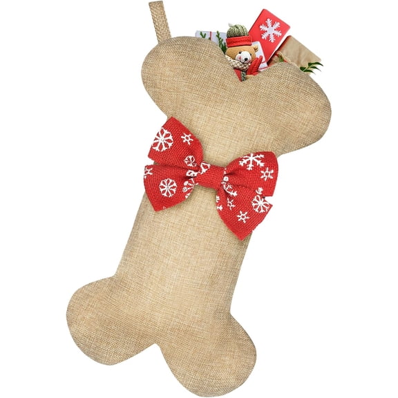 1PCS New Linen Large Christmas Stocking for Dogs Cats Pets Jute Natural Burlap Dog Bone Shape Hanging Dog Christmas Stocking
