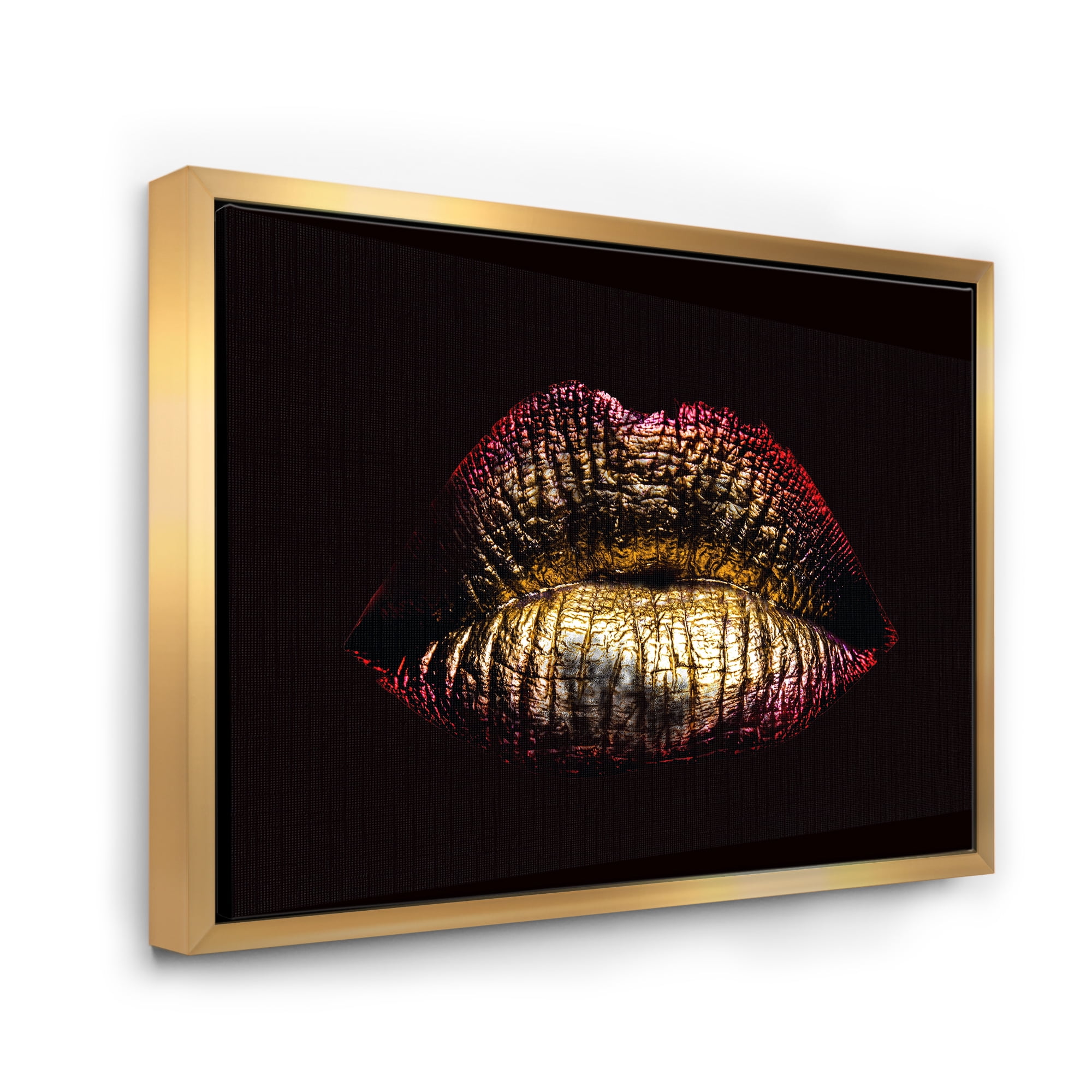 Sexy Golden Metallized Woman Lips IV 32 in x 16 in Framed Photography Canvas Art Print, by Designart