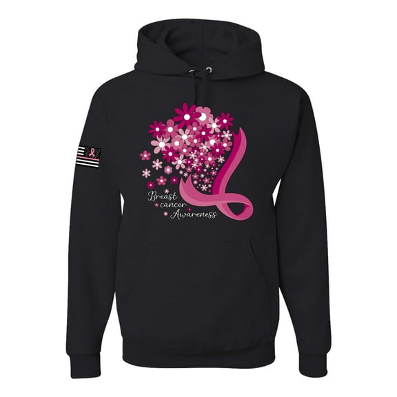 Wild Bobby US Flag Breast Cancer Awareness Flowers US Flag Breast Cancer Awareness Unisex Hoodie Sweatshirt, Black, Small
