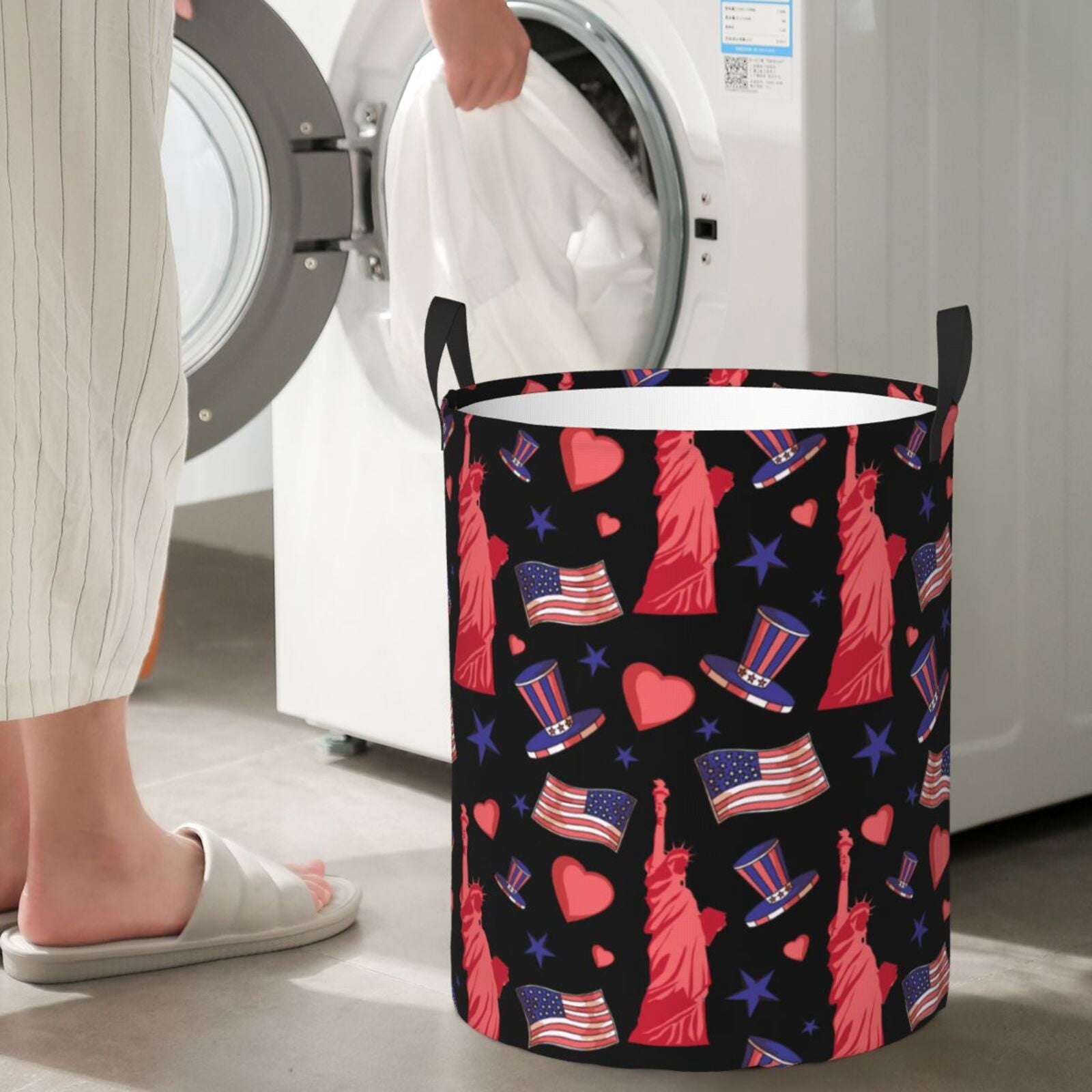 Large Laundry Basket with Handles - Flag heart USA Print Kids Baby Dirty Clothes Laundry Hamper for Bedroom Aesthetic