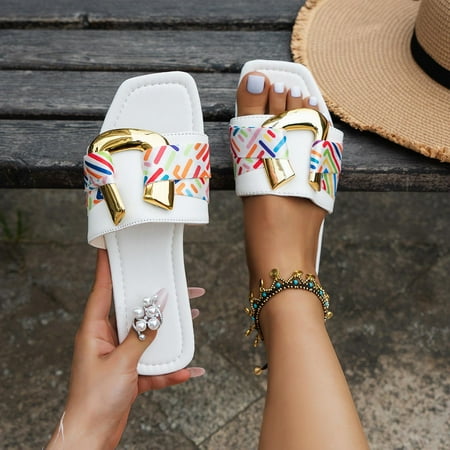 

Women Sandals Clearance 2023! Pejock Women s Flat Sandals Extremely Comfy Slides Sandals Square Headed Slippers Flat Bottomed Metal Buckle Mules Beach Shoes Summer Athletic Outdoor Beach Sandals