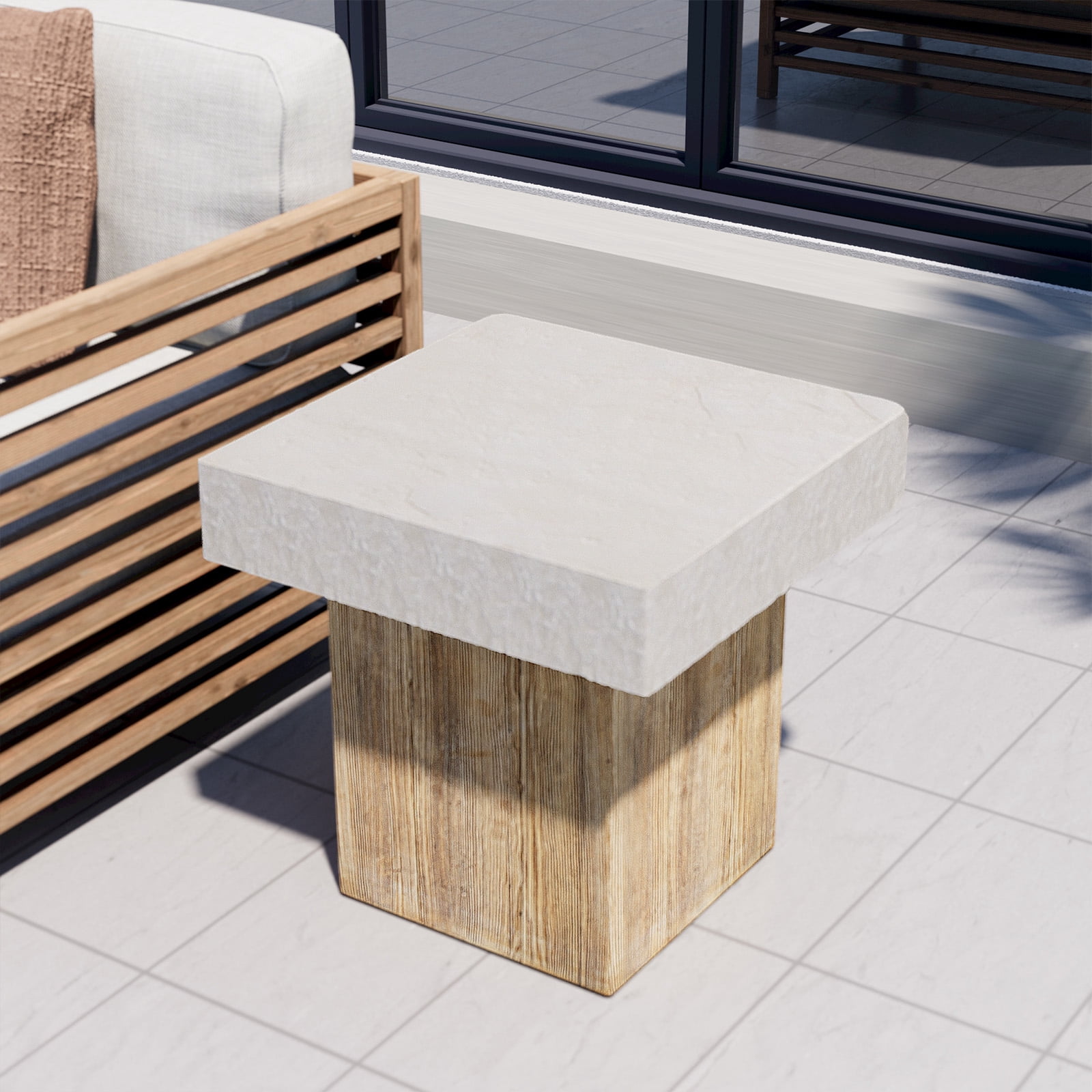 COSIEST Outdoor Medium Side Table, Patio Coffee Table, 19.7 inches Square MgO Table with Faux Wooden Pedestal Base, End Table for Patio, Garden, Backyard, Antique Beige