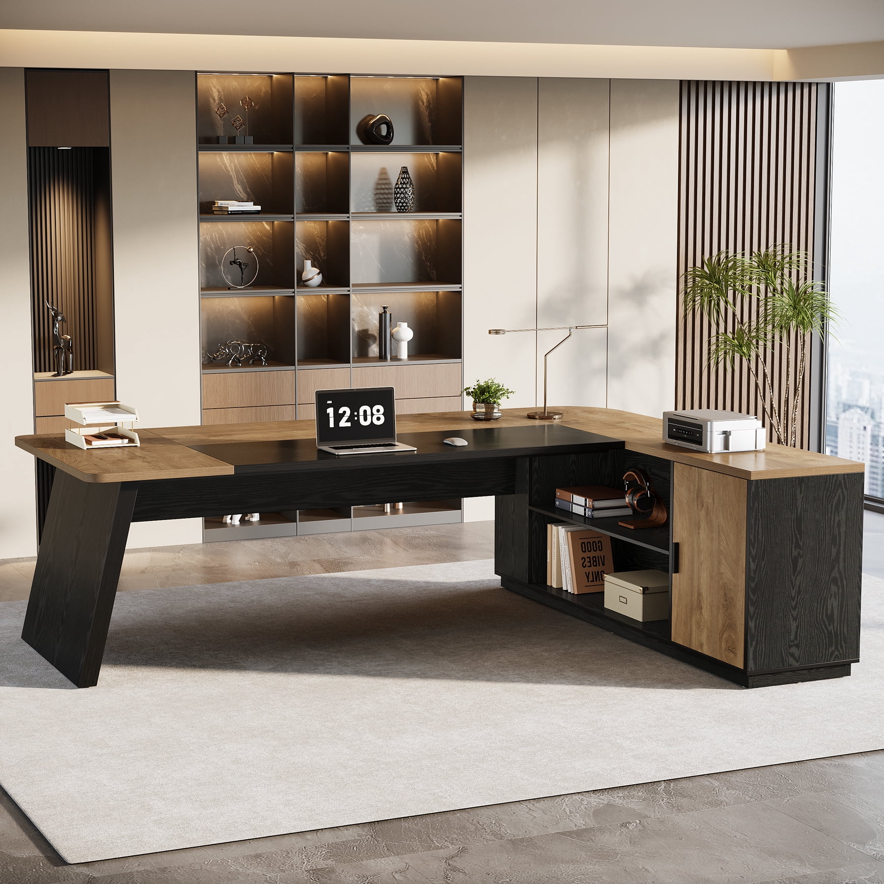 Finmind 79-inch L-Shaped Executive Desk, Large Office Desk with Cabinet and Storage Shelves for Home Office, Light Brown and Black