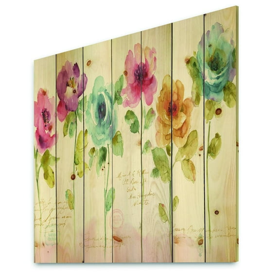 Designart 'Rainbow Coloured Abstract Cottage Roses' Cabin & Lodge Print on Natural Pine Wood