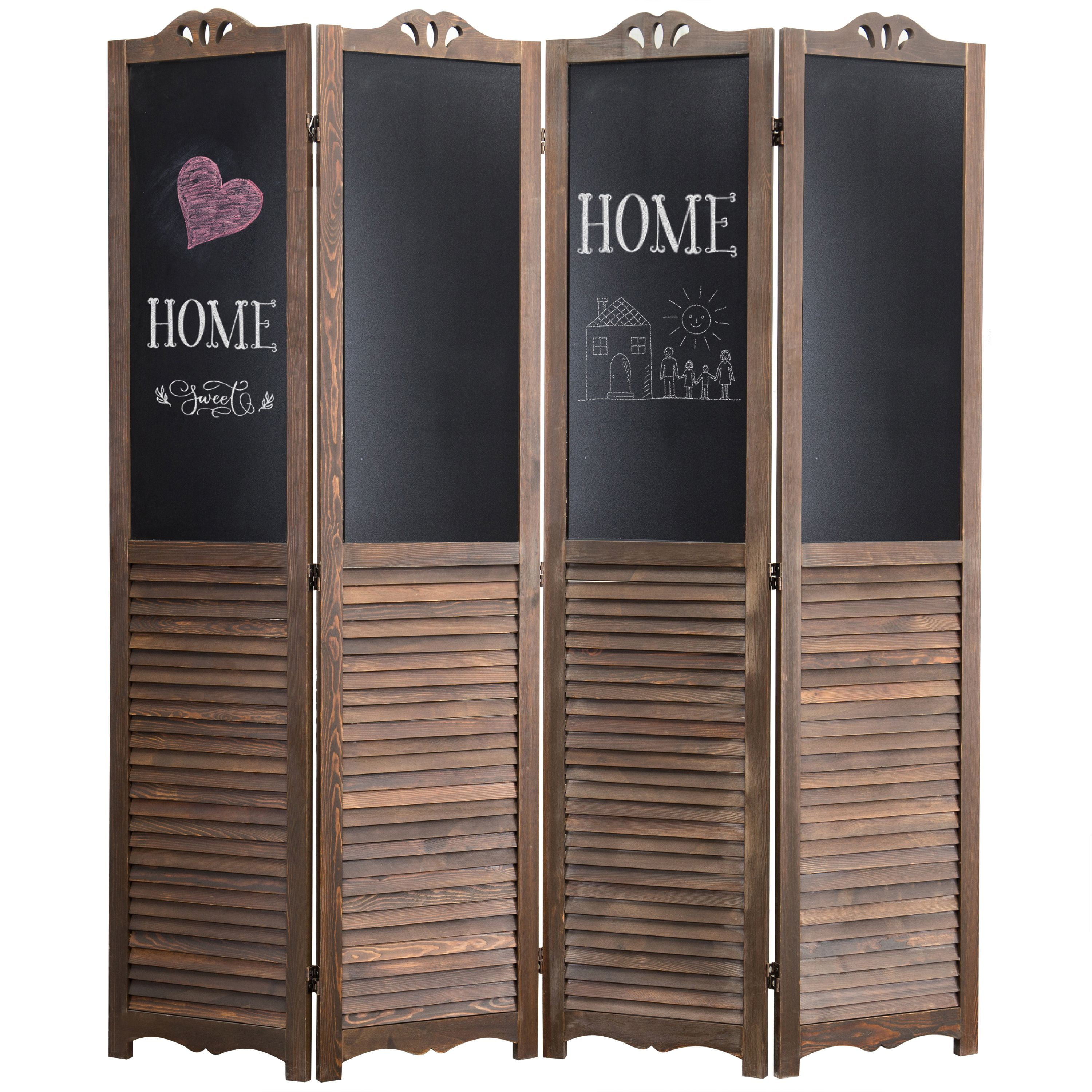 MyGift Rustic Wood Louvered 4 Panel Room Divider with Chalkboard Panels