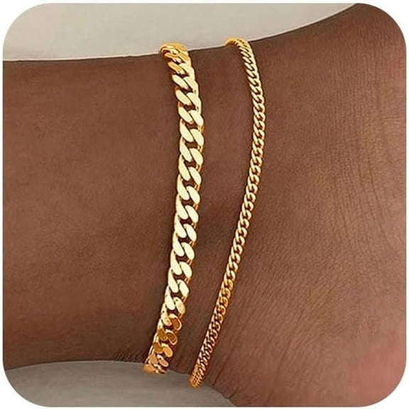 14k gold Ankle Bracelets for Women, 14k Silver/Gold Anklets for Women Waterproof Layered Figaro Cuban Link Cuban Anklet Set Silver Ankle Bracelets for Women Summer Beach Jewelry Gifts[c863]