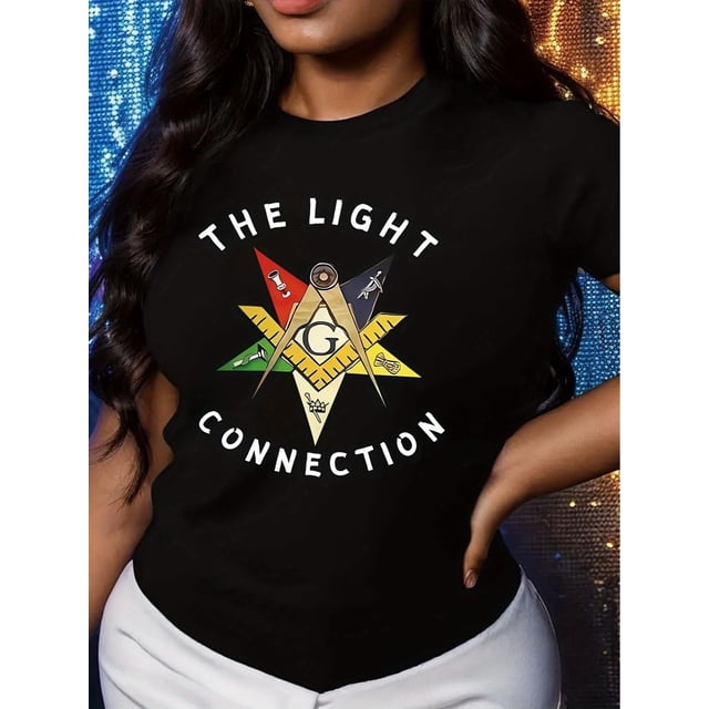 Women's Casual Crew Neck T-Shirt with Compass & Letter Print - Soft Polyester, Machine Washable, Perfect for Spring & Summer