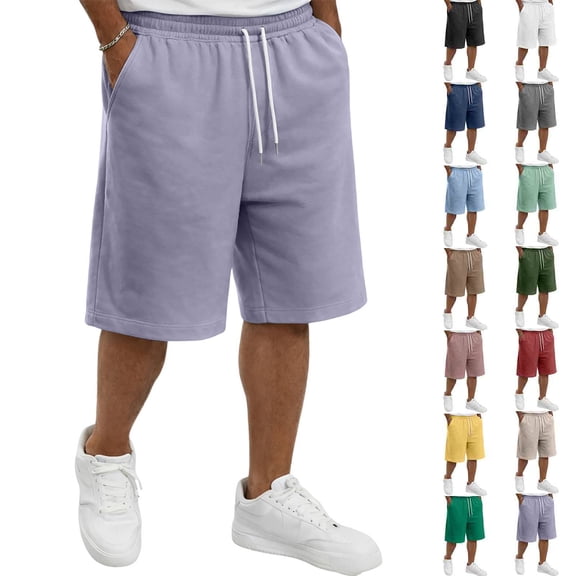 Men's Cotton Blend Sweat Shorts 2026 Summer Drawstring Elastic Waist Knee Length Casual Athletic Shorts with Pockets Lounge Workout Bermudas Light Purple L
