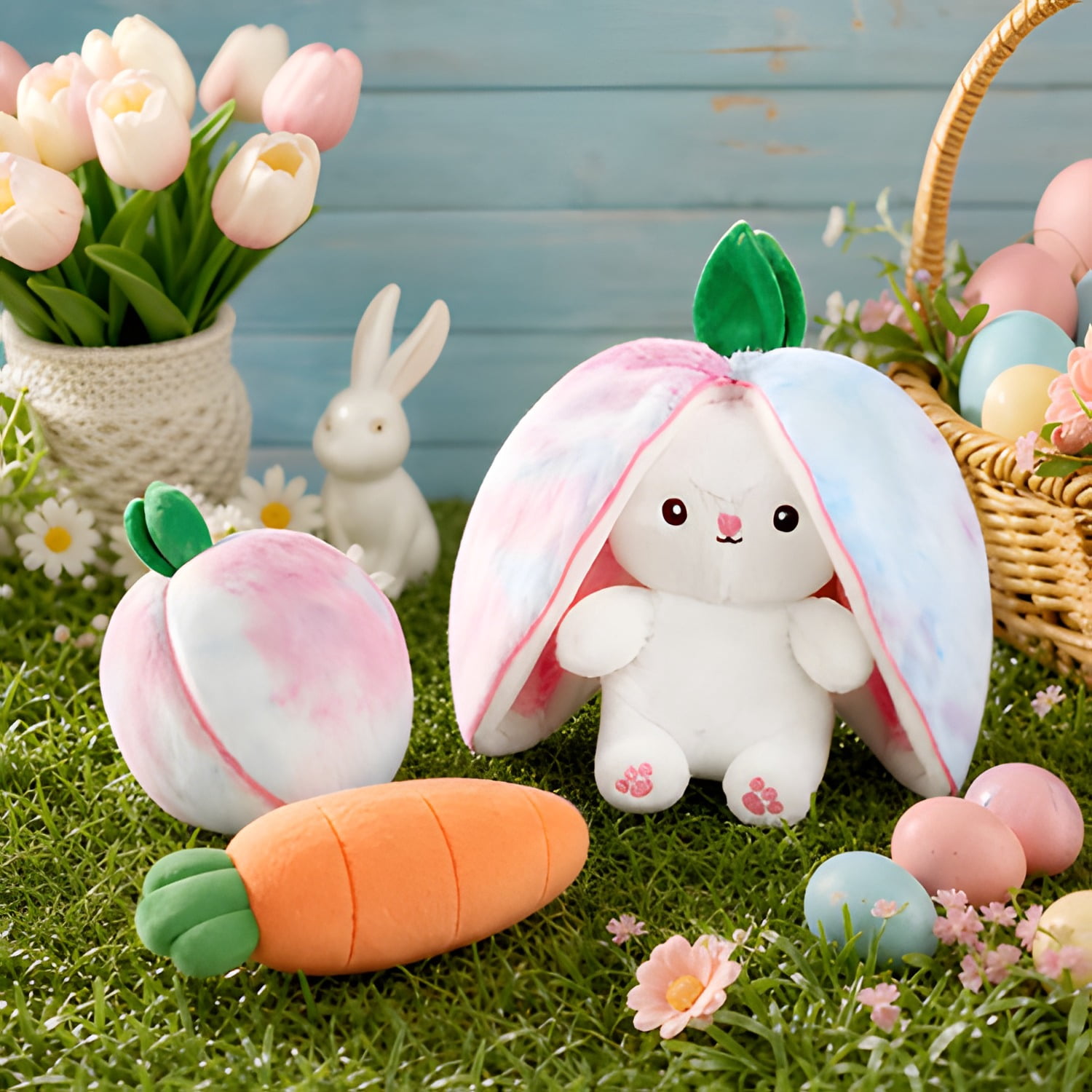 Kawaii Squishy Cute Easter Bunny Plush Turn Into Rabbit Fruit Doll Carrot Strawberry Pillow, Plushies Funny Bunny Toy for Baby