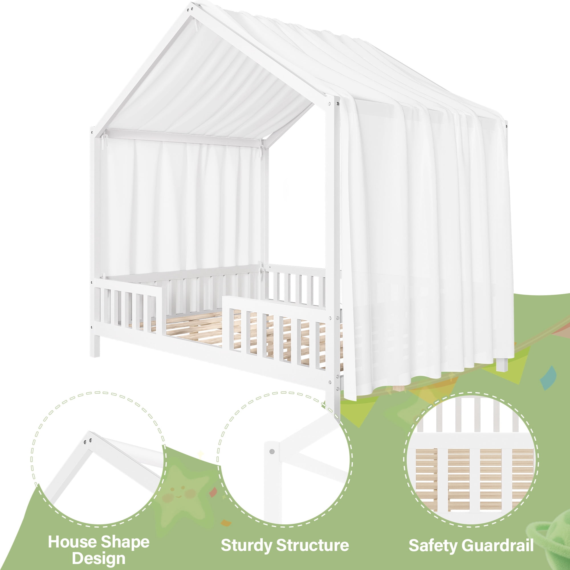 Harper & Bright Designs Montessori Floor Bed with Canopy and Roof, Full Wood House Shape Bed Frame with Railings for Girls Boys Bedroom, White