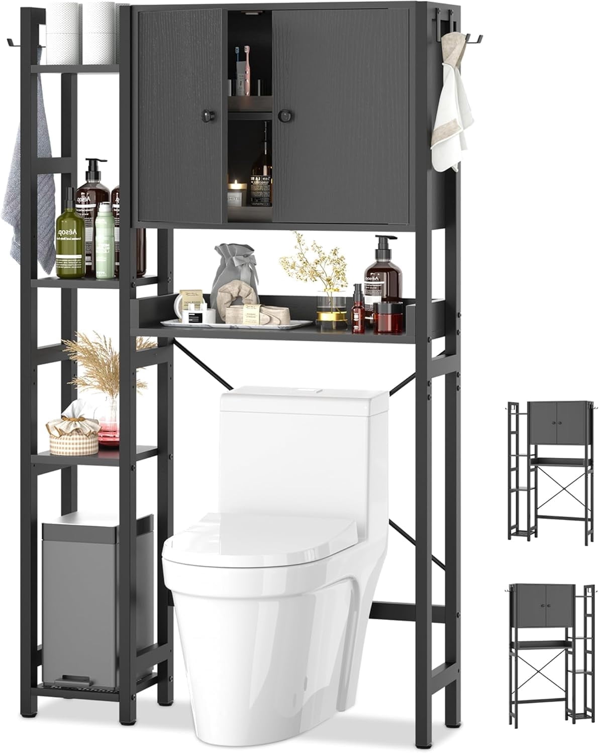 iSunirm Over The Toilet Storage Cabinet with Doors, 7 Tier Freestanding Bathroom Organizer with Adjustable Shelf & 4 Hooks for Bathroom, Restroom, Laundry, Black