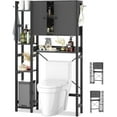 thumbnail image 2 of iSunirm Over The Toilet Storage Cabinet with Doors, 7 Tier Freestanding Bathroom Organizer with Adjustable Shelf & 4 Hooks for Bathroom, Restroom, Laundry, Black, 2 of 7