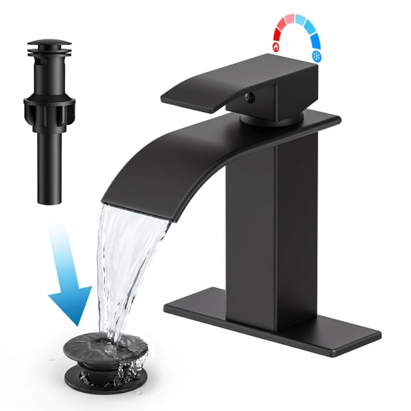 FEELSO Waterfall Bathroom Faucet, Single Handle for 1 or 3 Hole, with Pop-Up Drain, Modern Black Finish for RV/Camper