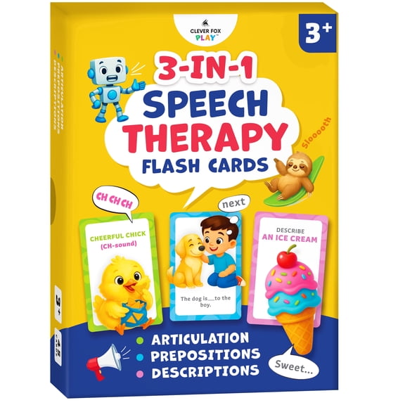 Clever Fox Play 3-in-1 Speech Therapy Flash Cards for 3 Year Olds – Toddler Learning Flash Cards for Speech Therapy Materials – 45 Articulation, Description & Preposition Cards for Preschool