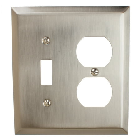 Light Switch Plate GlideRite Hardware Light Switch and Duplex Outlet 2-Gang Beveled Edge Combination Wall Plate Cover, Brushed Nickel ()