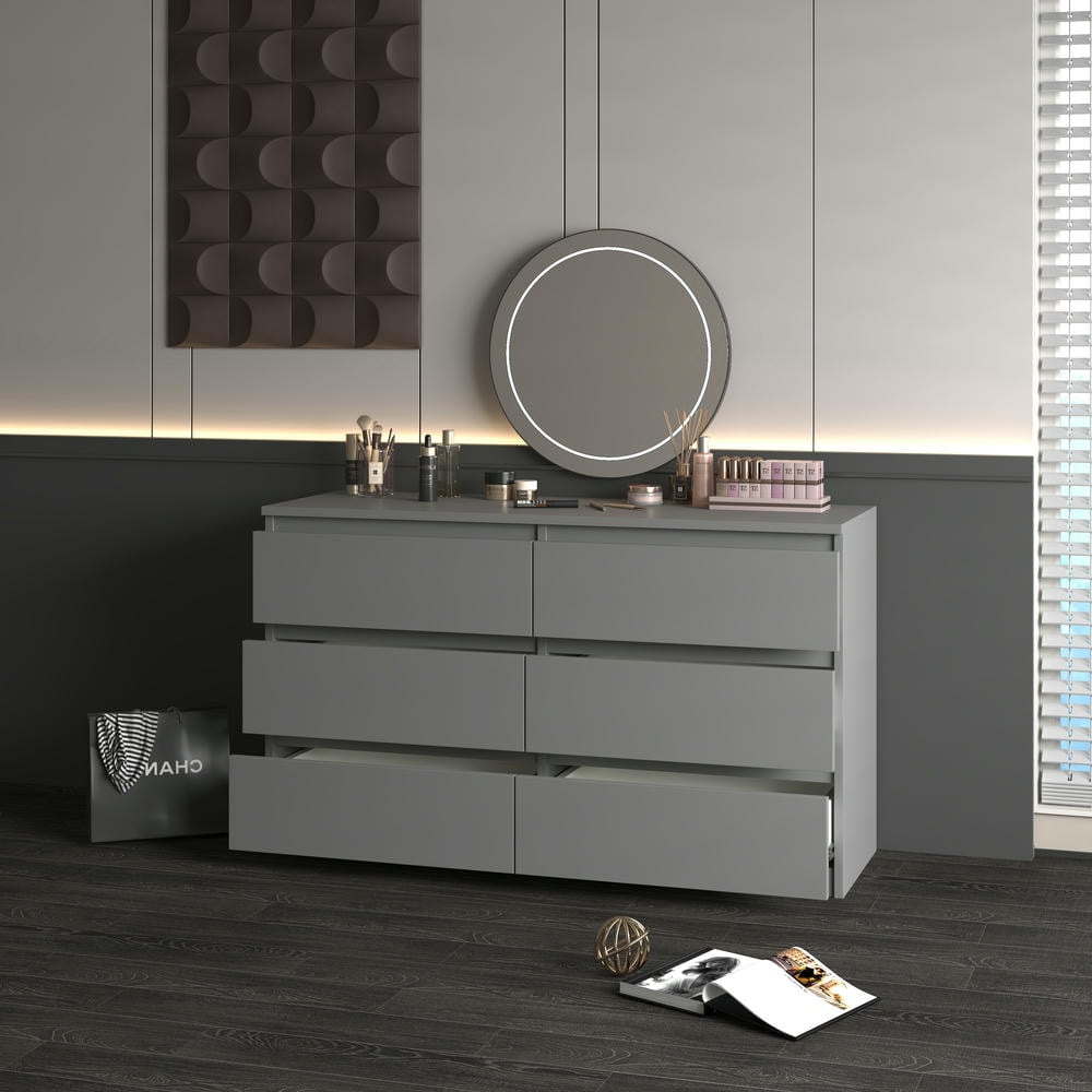Kadyn 6 Drawer Bedroom Dresser, Chest of Drawers for Bedroom, Dressers with Handleless Design, Gray