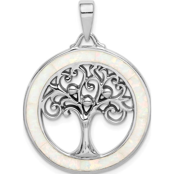 Sterling Silver Rhodium-Plated Created Opal Circle With Tree Pendant Made In China qp5131