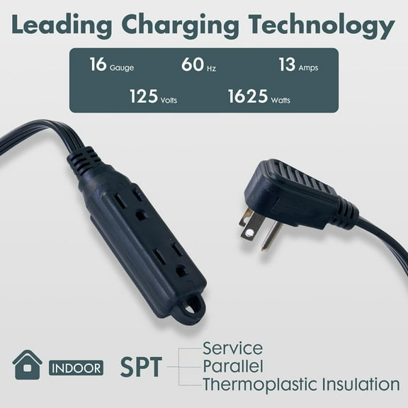 JUNCHI-Flat Plug Extension Cord with 3 Outlets Extender, Indoor Extension Cord Power Strip, 16 Gauge 3FT Black 3 Prong, 16/3 SPT-3 13A, UL Listed