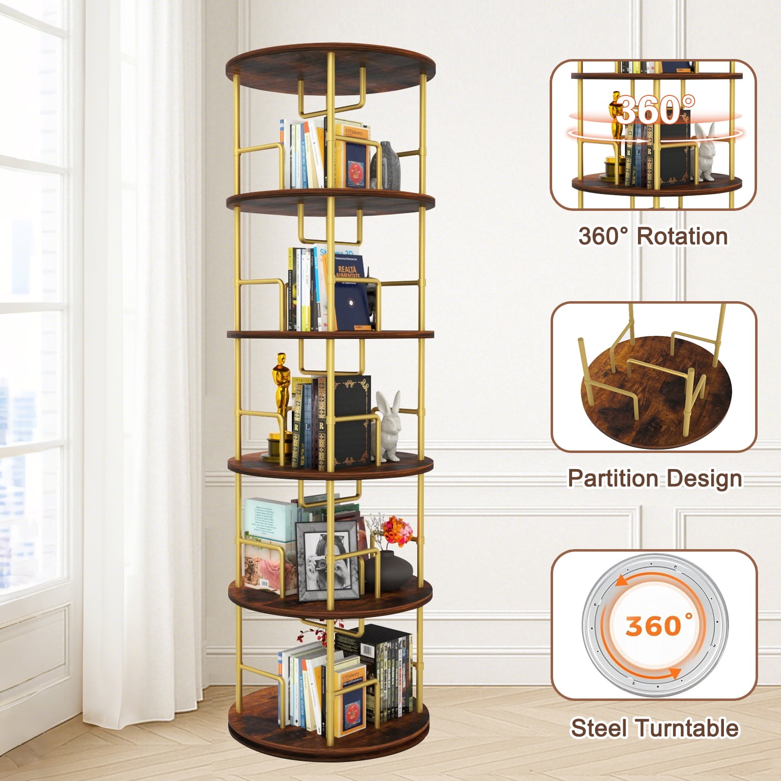 PORKISS 5 Tier Rotating Bookshelf, 360° Display Rotating Bookcase Corner Storage Rack with Partition Storage, Round Spinning Bookshelf for Office Living Room, Golden