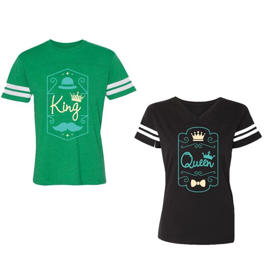 King Queen Pentagon Emerald Gold Unisex Couple Matching Cotton Jersey style T-Shirt Contrasting stripes on sleeves (Men Green / Women Black) (Men S / Women S)