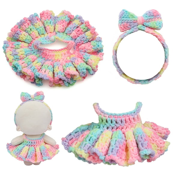 Handmade Crochet 17cm Doll Clothes - Soft, Cute, Stylish Styles with Halter Dress and Headband for Dress up 15cm/17cm Doll Accessories Suit (macaron)