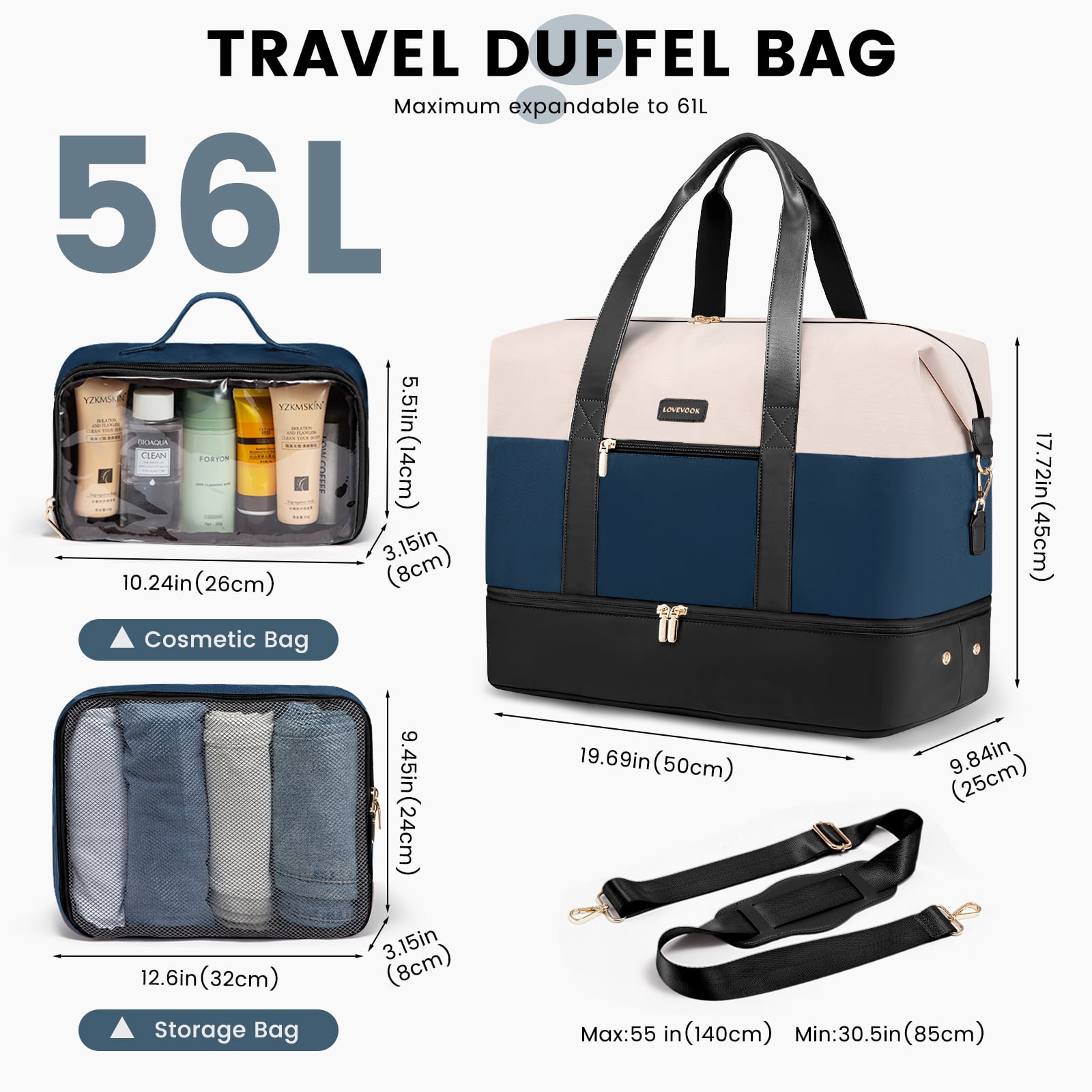 Lovevook Travel Duffel Bag for Women, Large Weekender Overnight Bag, Carry-on Gym Bag with Separate Shoes Compartment, Mom Hospital Bags for Labor and Delivery with 2 Packing Cubes