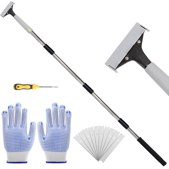 Floor scraper, 31" to 61" Scraper Tool Long Handle with 4-inch Razor Blade Stainless Steel Material Adjustable Cleaning Glass Wall Gum Paint Tile Glue Linoleum Carpet Sturdy Durable