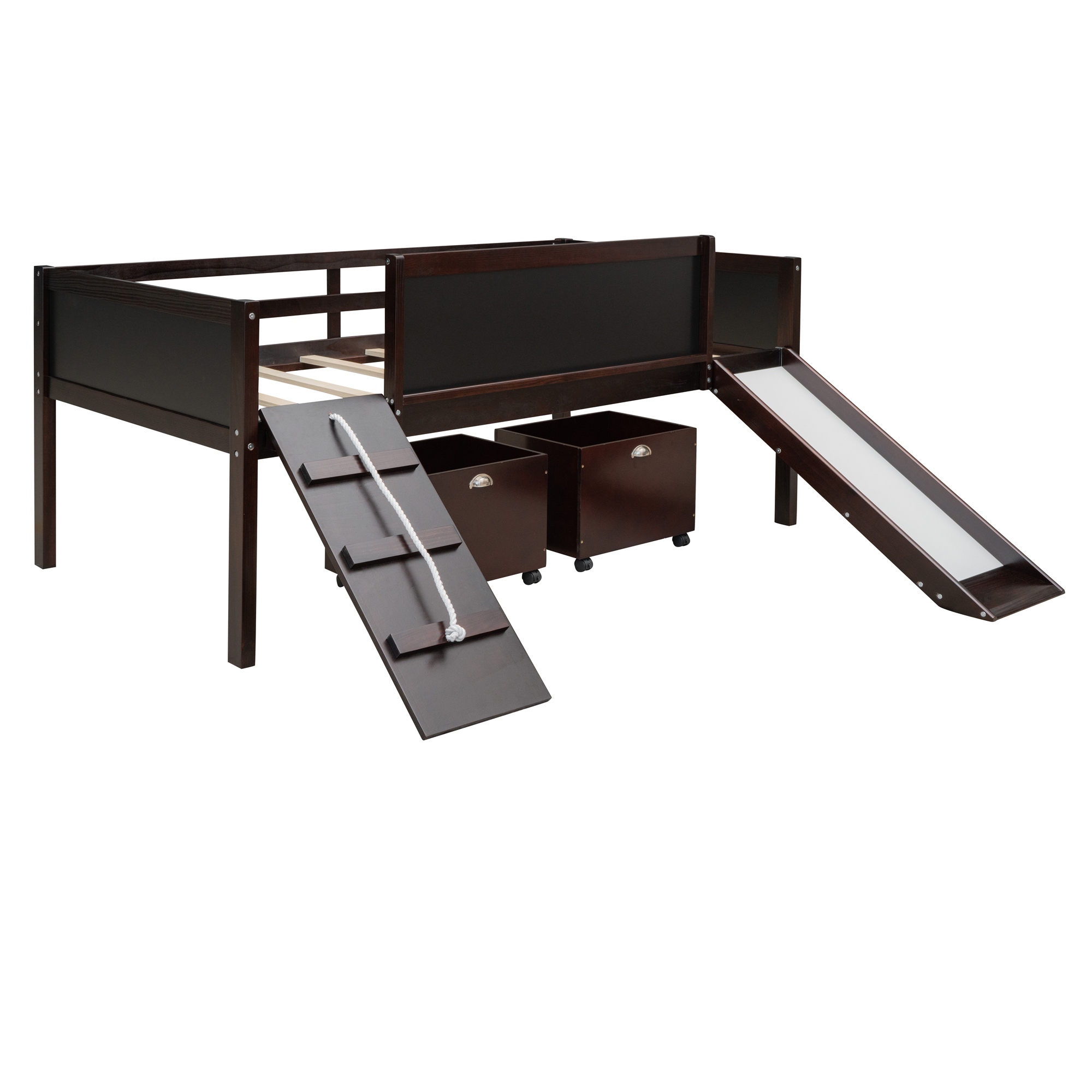 Euroco Wood Twin Size Loft Bed with Slide, Cabinets and Chalkboard,  Climbing and Rope Design for Kids, Espresso